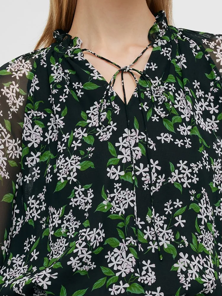 10 Momme Mulberry Silk Print Tie Front Neck Women Blouse