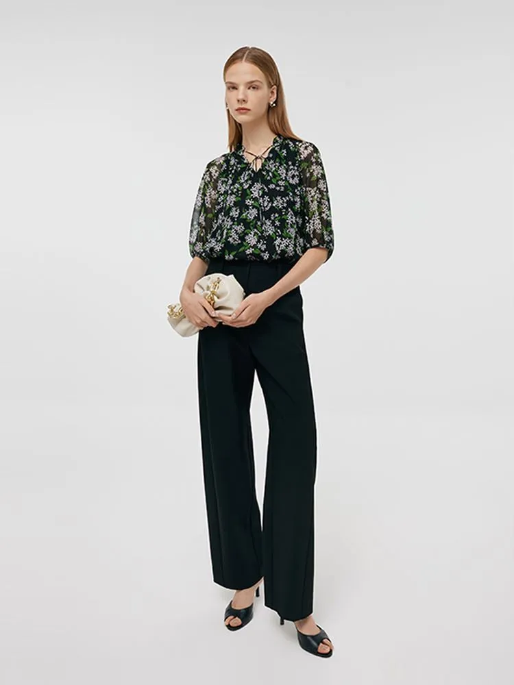 10 Momme Mulberry Silk Print Tie Front Neck Women Blouse