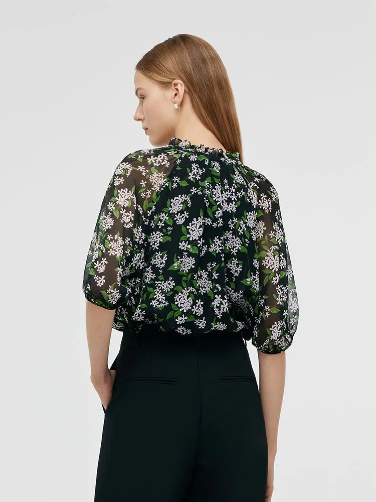 10 Momme Mulberry Silk Print Tie Front Neck Women Blouse