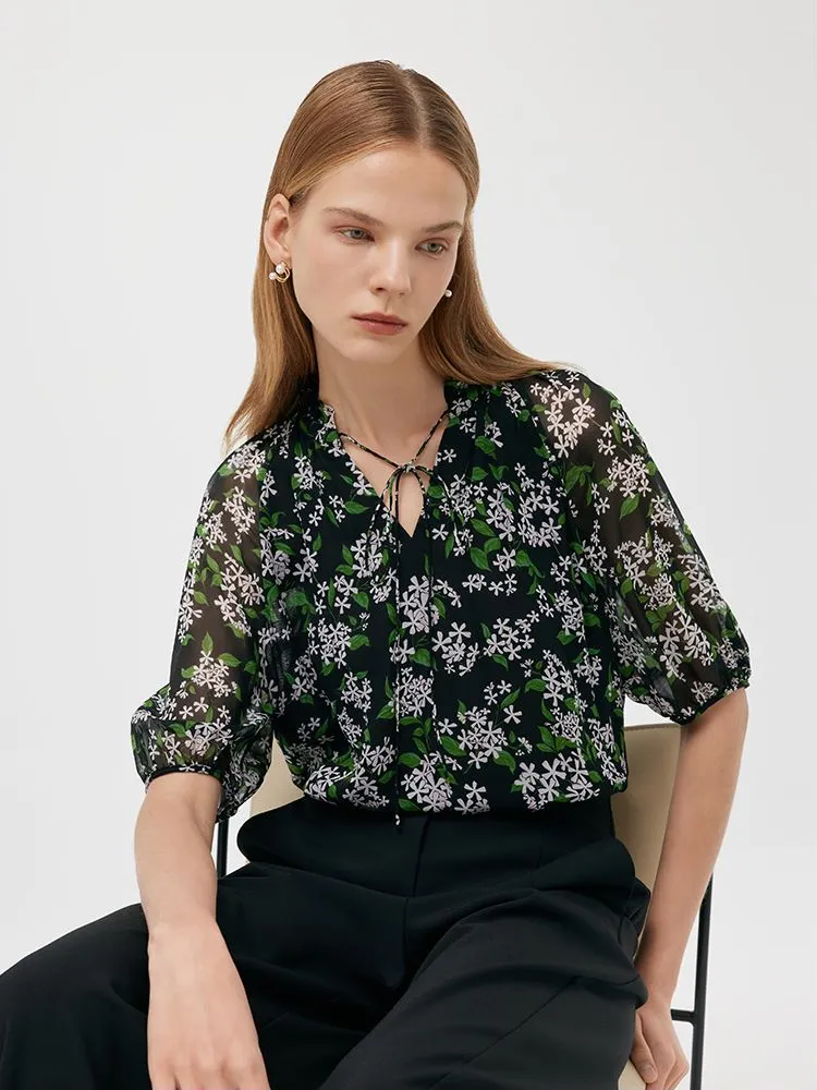 10 Momme Mulberry Silk Print Tie Front Neck Women Blouse