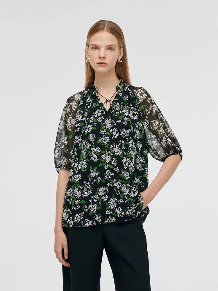 10 Momme Mulberry Silk Print Tie Front Neck Women Blouse