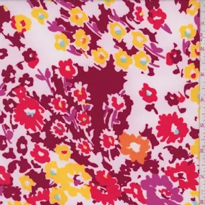 2 1/2 YD PC-ITY White/Burgundy/Yellow Floral Jersey Knit Fabric