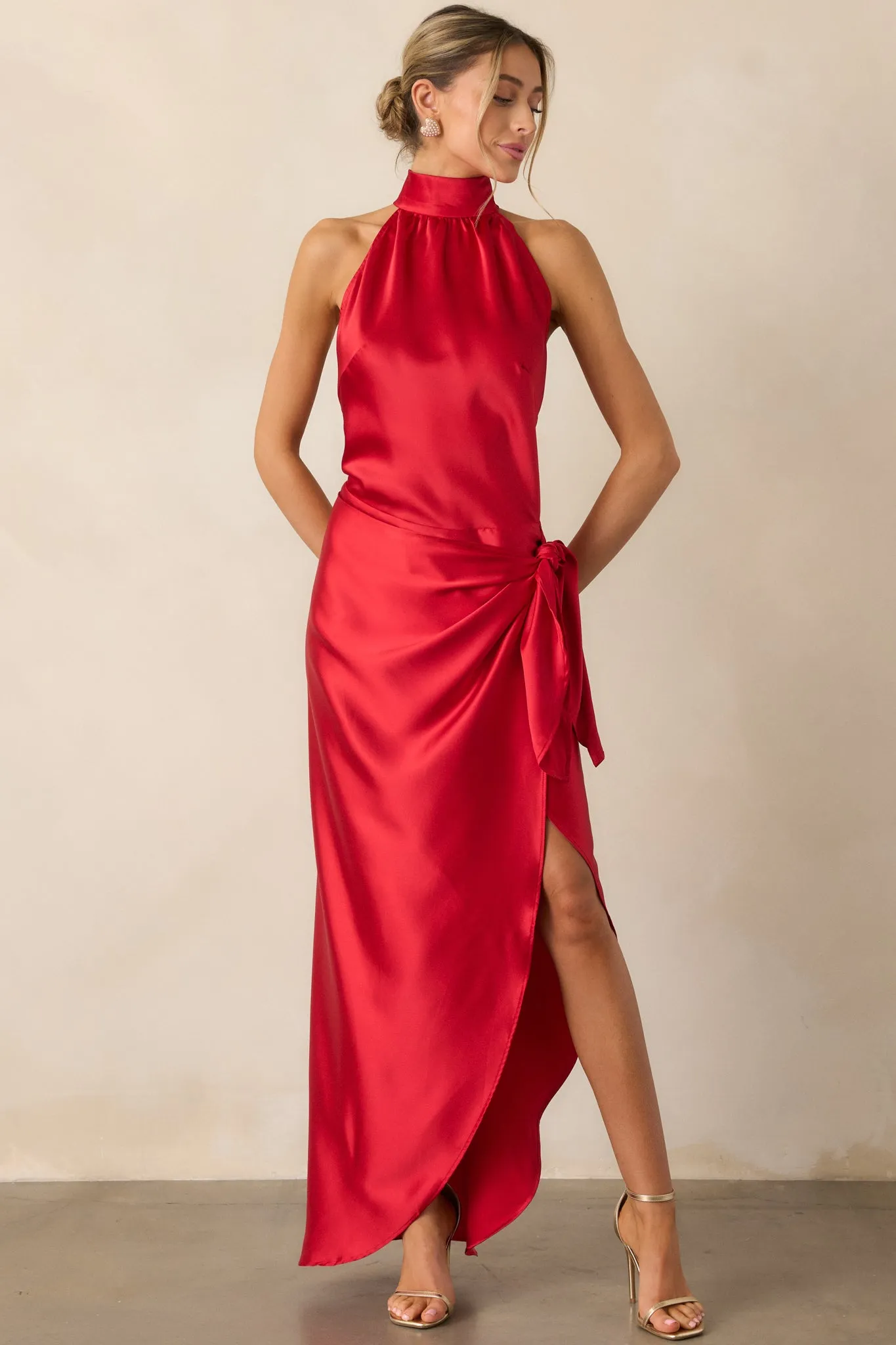A Night Out Red Satin Halter Neck Maxi Dress