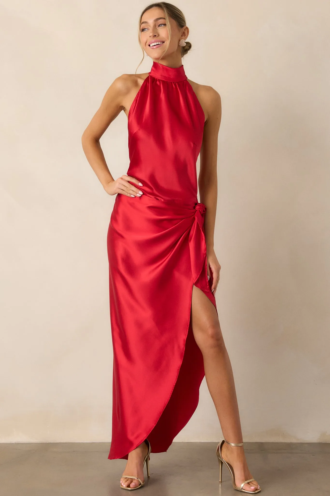 A Night Out Red Satin Halter Neck Maxi Dress