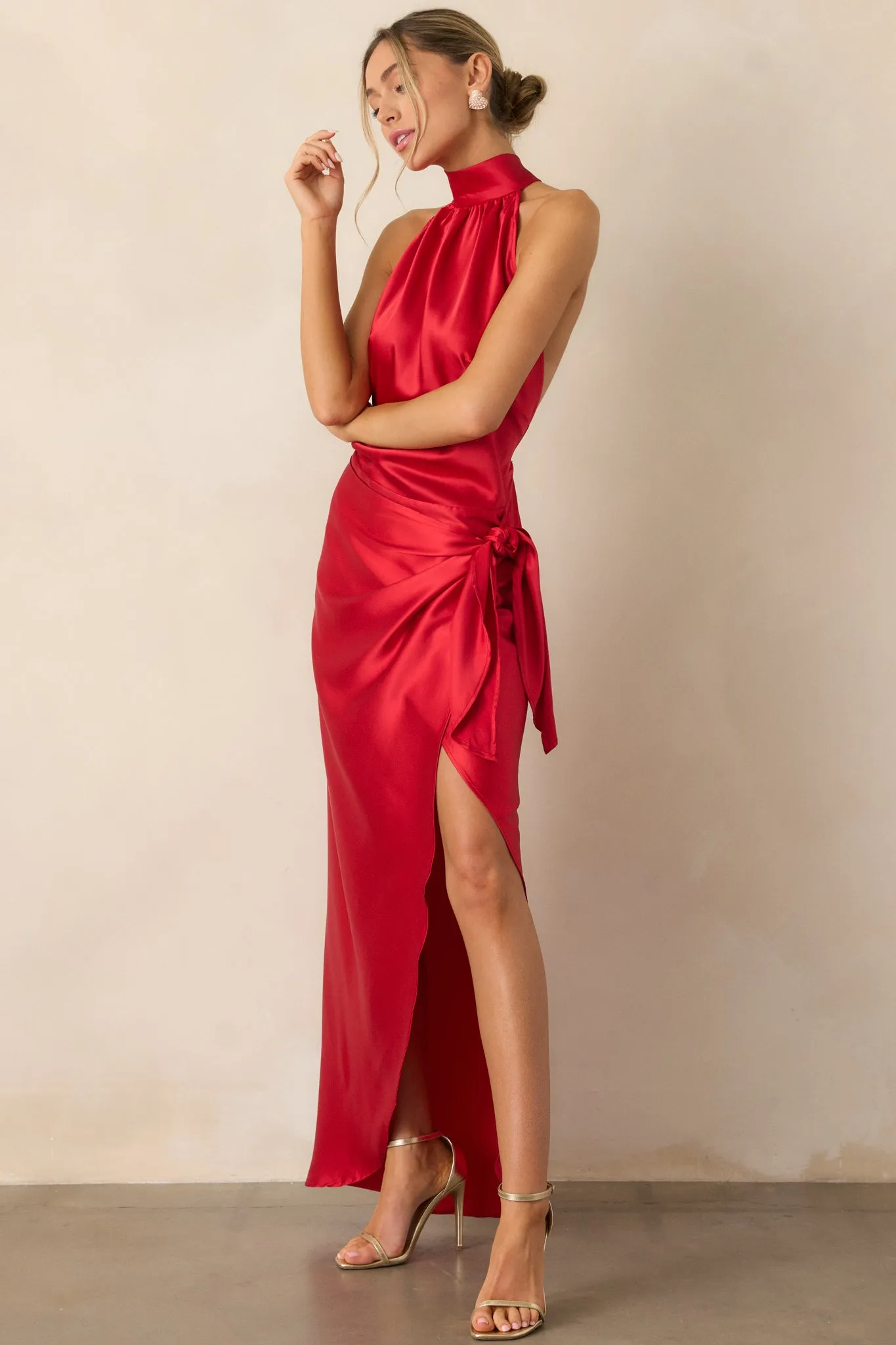 A Night Out Red Satin Halter Neck Maxi Dress