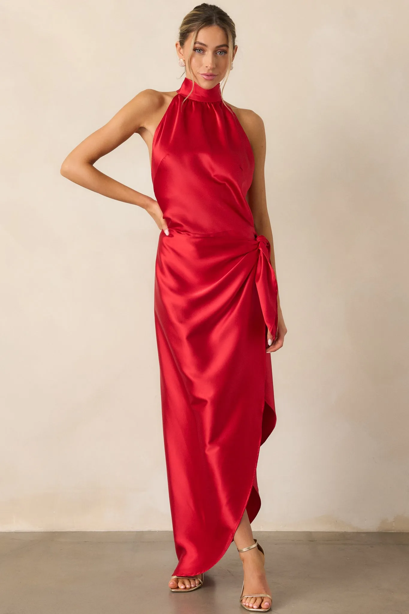 A Night Out Red Satin Halter Neck Maxi Dress