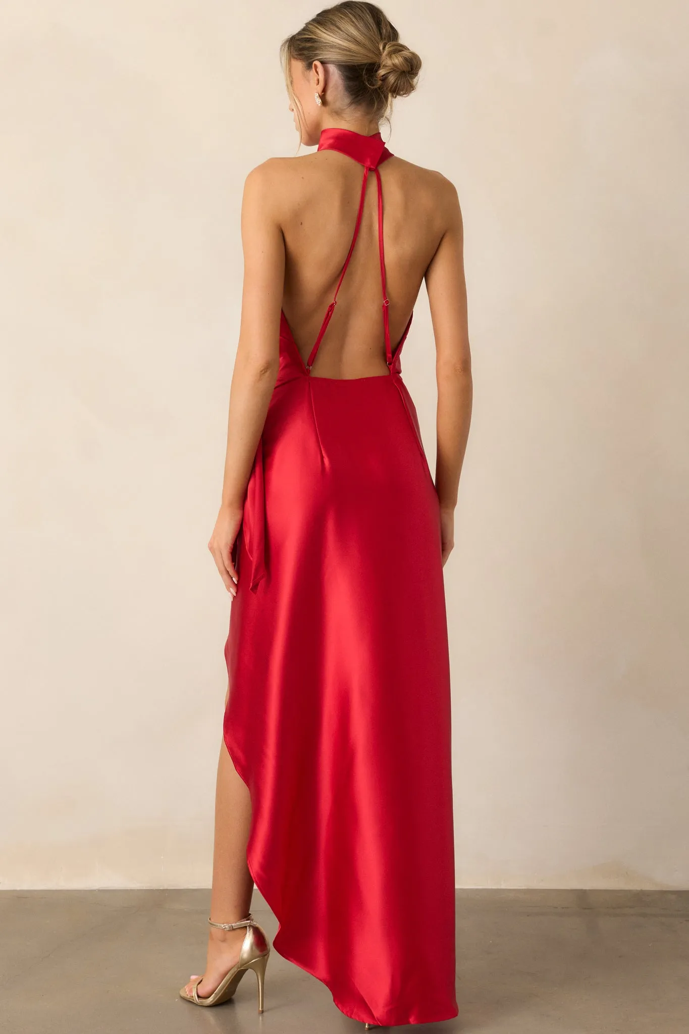 A Night Out Red Satin Halter Neck Maxi Dress