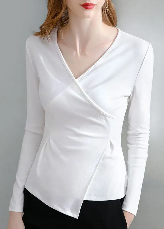 Chic Coffee V Neck Asymmetrical Patchwork Cotton Tops Spring LY4669