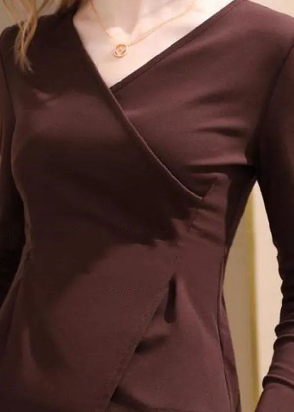 Chic Coffee V Neck Asymmetrical Patchwork Cotton Tops Spring LY4669