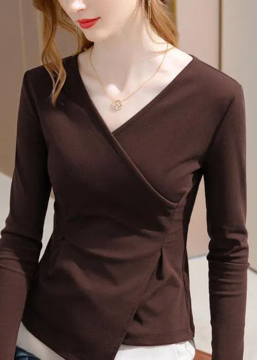 Chic Coffee V Neck Asymmetrical Patchwork Cotton Tops Spring LY4669