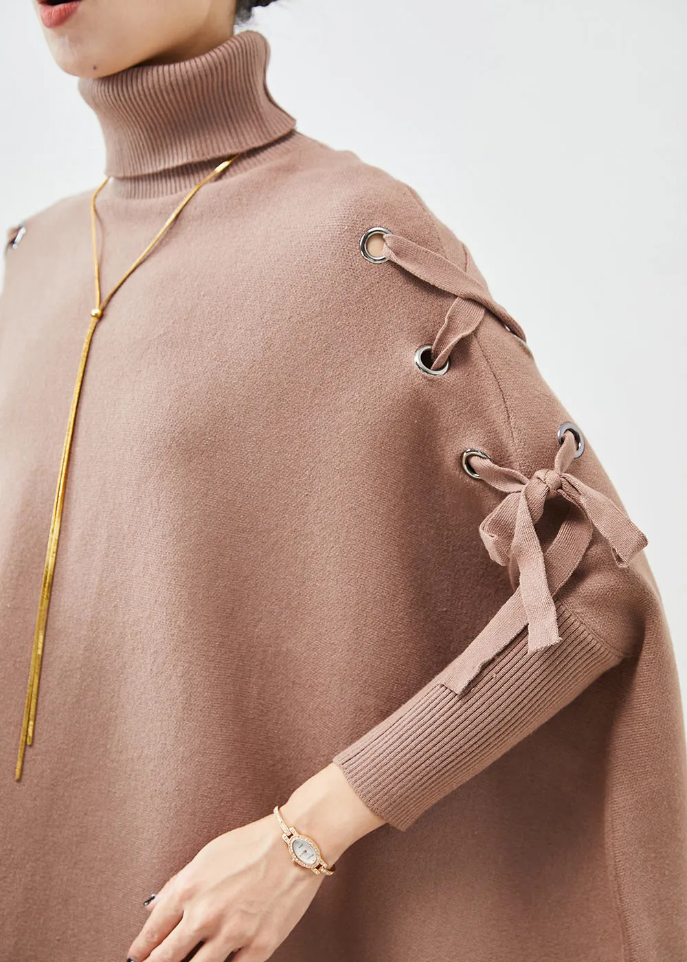 Chic Khaki High Neck Oversized Tasseled Knitted Tops Batwing Sleeve ML1880