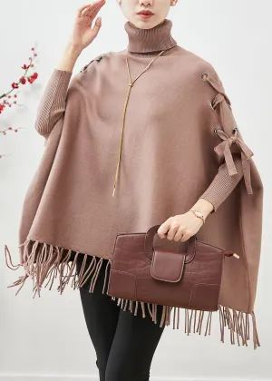 Chic Khaki High Neck Oversized Tasseled Knitted Tops Batwing Sleeve ML1880