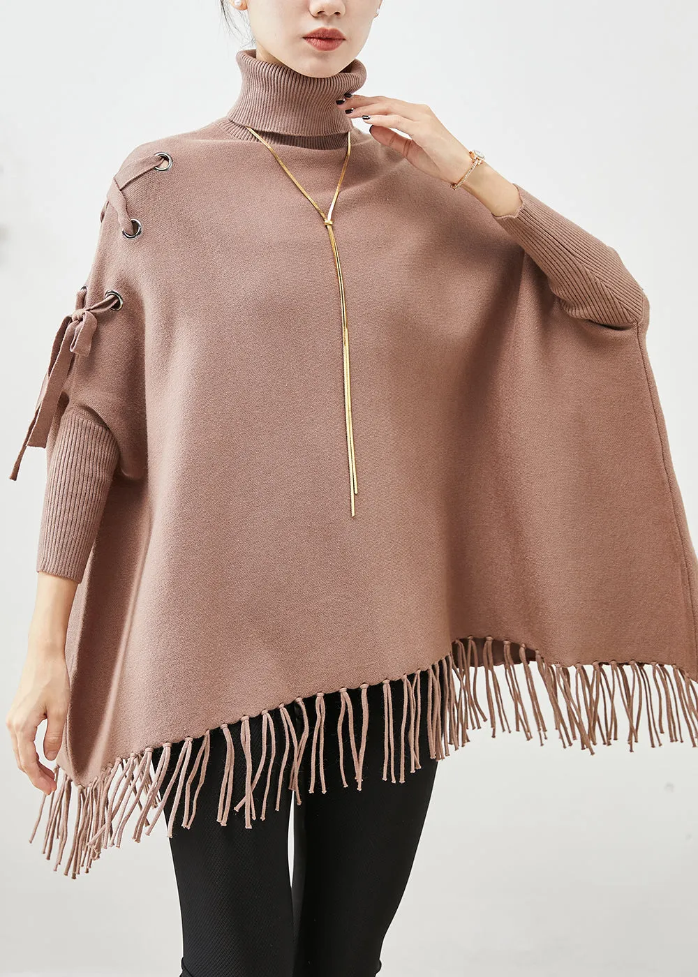 Chic Khaki High Neck Oversized Tasseled Knitted Tops Batwing Sleeve ML1880