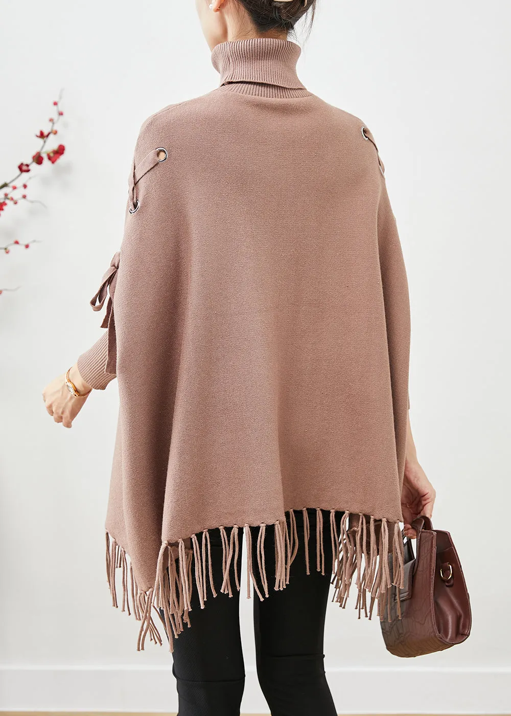 Chic Khaki High Neck Oversized Tasseled Knitted Tops Batwing Sleeve ML1880