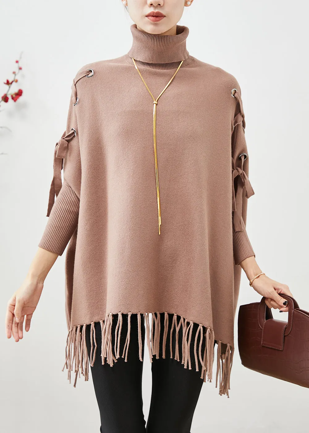 Chic Khaki High Neck Oversized Tasseled Knitted Tops Batwing Sleeve ML1880