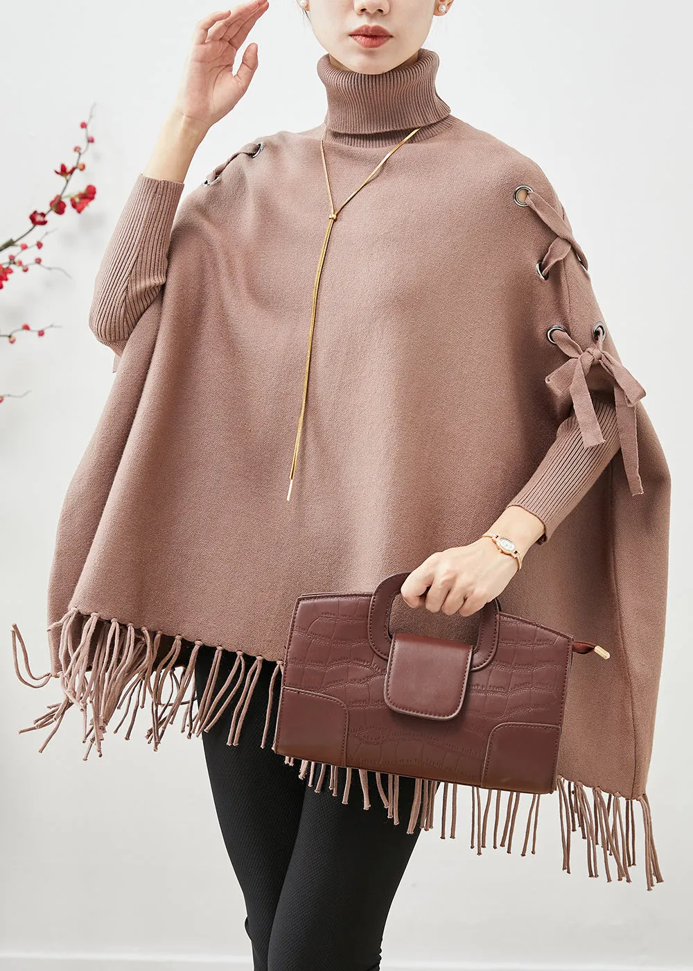 Chic Khaki High Neck Oversized Tasseled Knitted Tops Batwing Sleeve ML1880