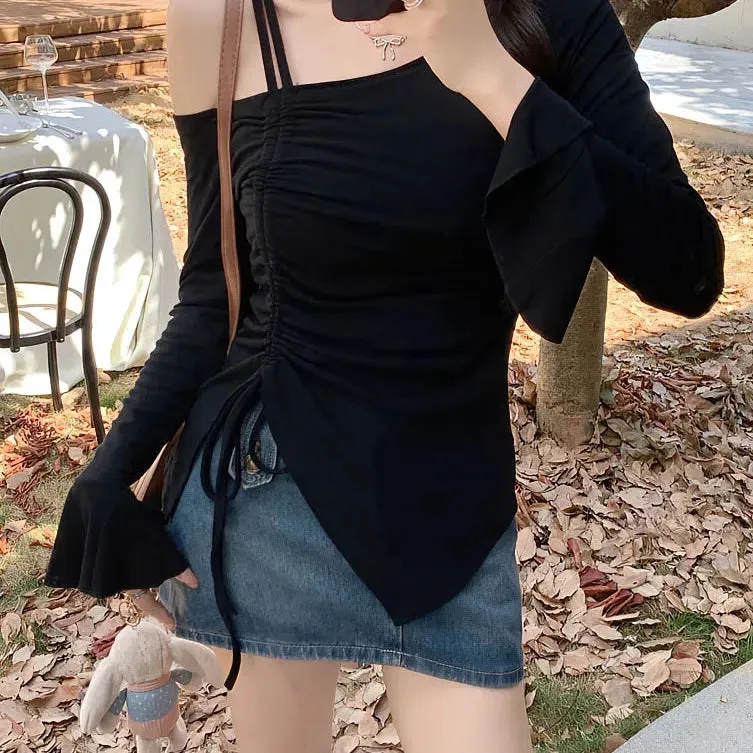 Chic Off Shoulder Long Sleeve Top for Women - Elegant Flare Sleeves & Drawstring Detail - Stylish Casual Tee for Spring/Summer