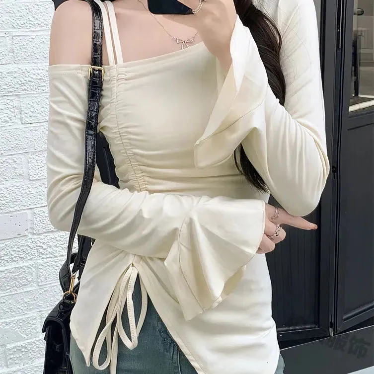 Chic Off Shoulder Long Sleeve Top for Women - Elegant Flare Sleeves & Drawstring Detail - Stylish Casual Tee for Spring/Summer