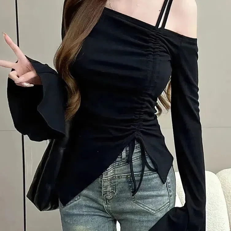 Chic Off Shoulder Long Sleeve Top for Women - Elegant Flare Sleeves & Drawstring Detail - Stylish Casual Tee for Spring/Summer