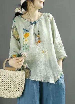 Chinese Style Light Blue Print Asymmetrical Patchwork Linen Tops Summer LY4115
