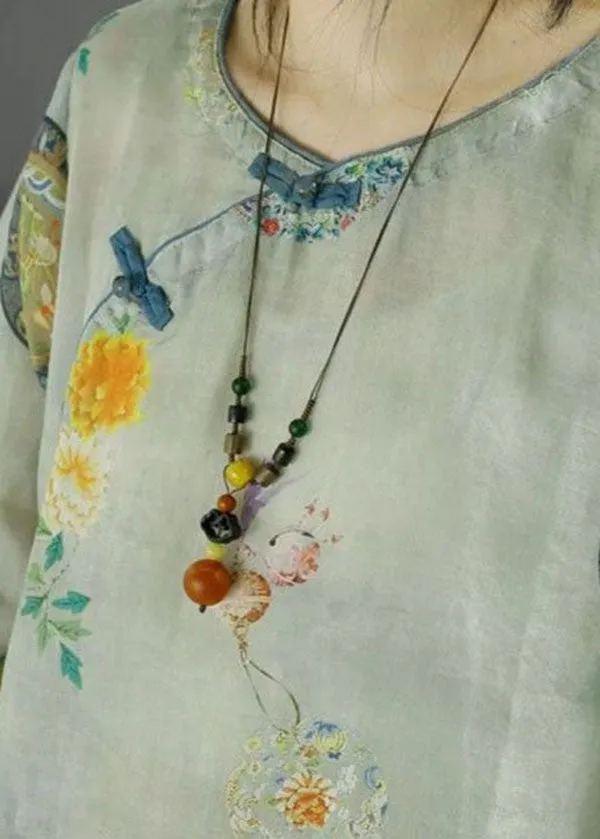 Chinese Style Light Blue Print Asymmetrical Patchwork Linen Tops Summer LY4115