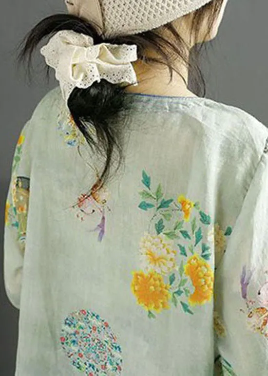 Chinese Style Light Blue Print Asymmetrical Patchwork Linen Tops Summer LY4115