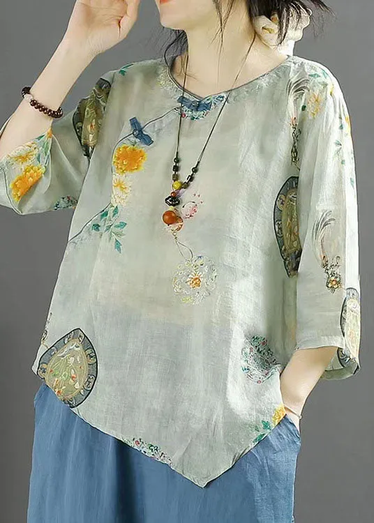 Chinese Style Light Blue Print Asymmetrical Patchwork Linen Tops Summer LY4115