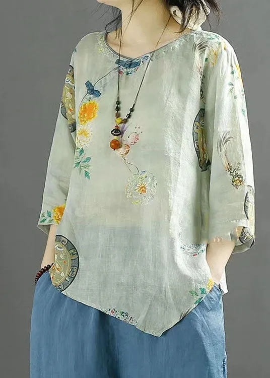 Chinese Style Light Blue Print Asymmetrical Patchwork Linen Tops Summer LY4115