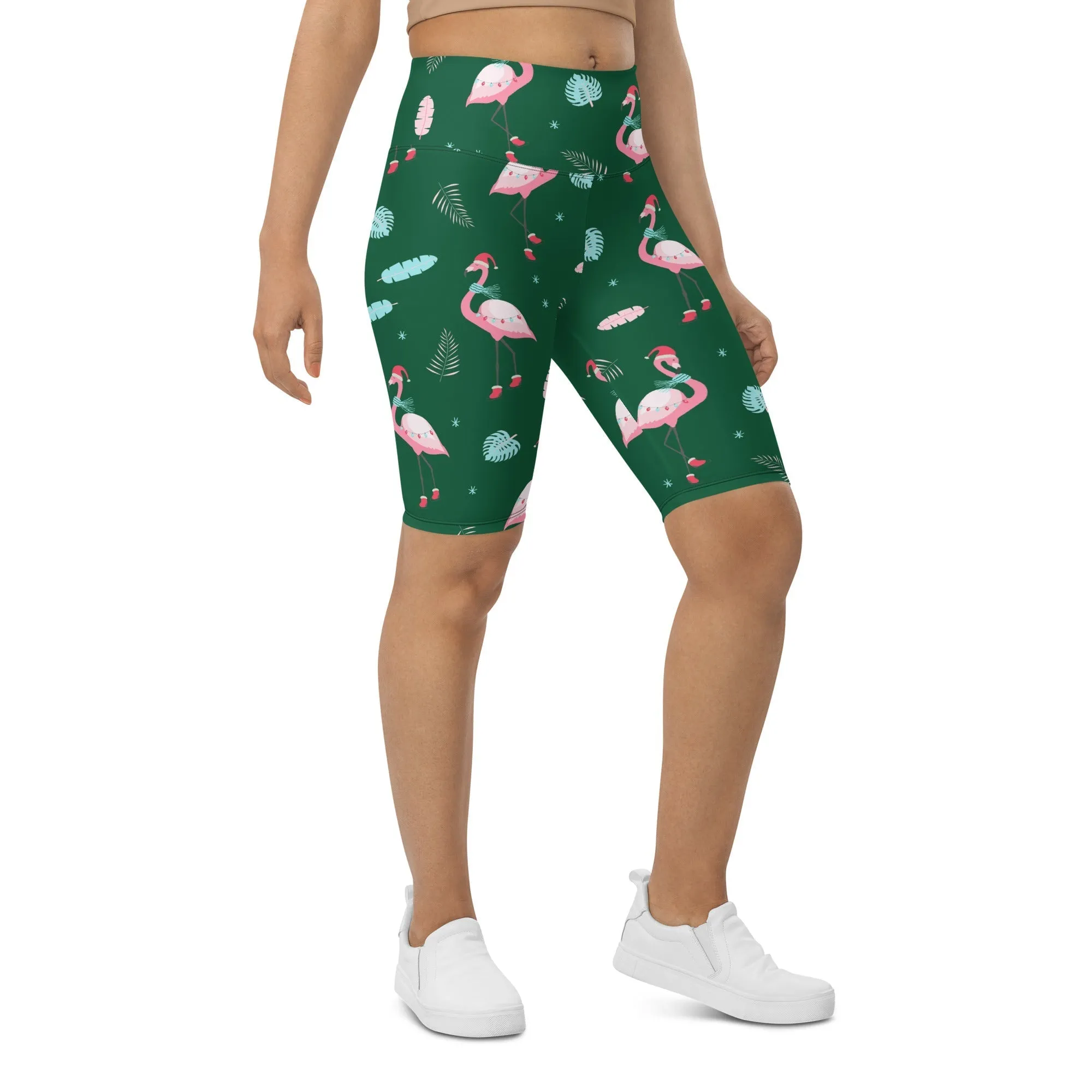 Christmassy Flamingos Biker Shorts