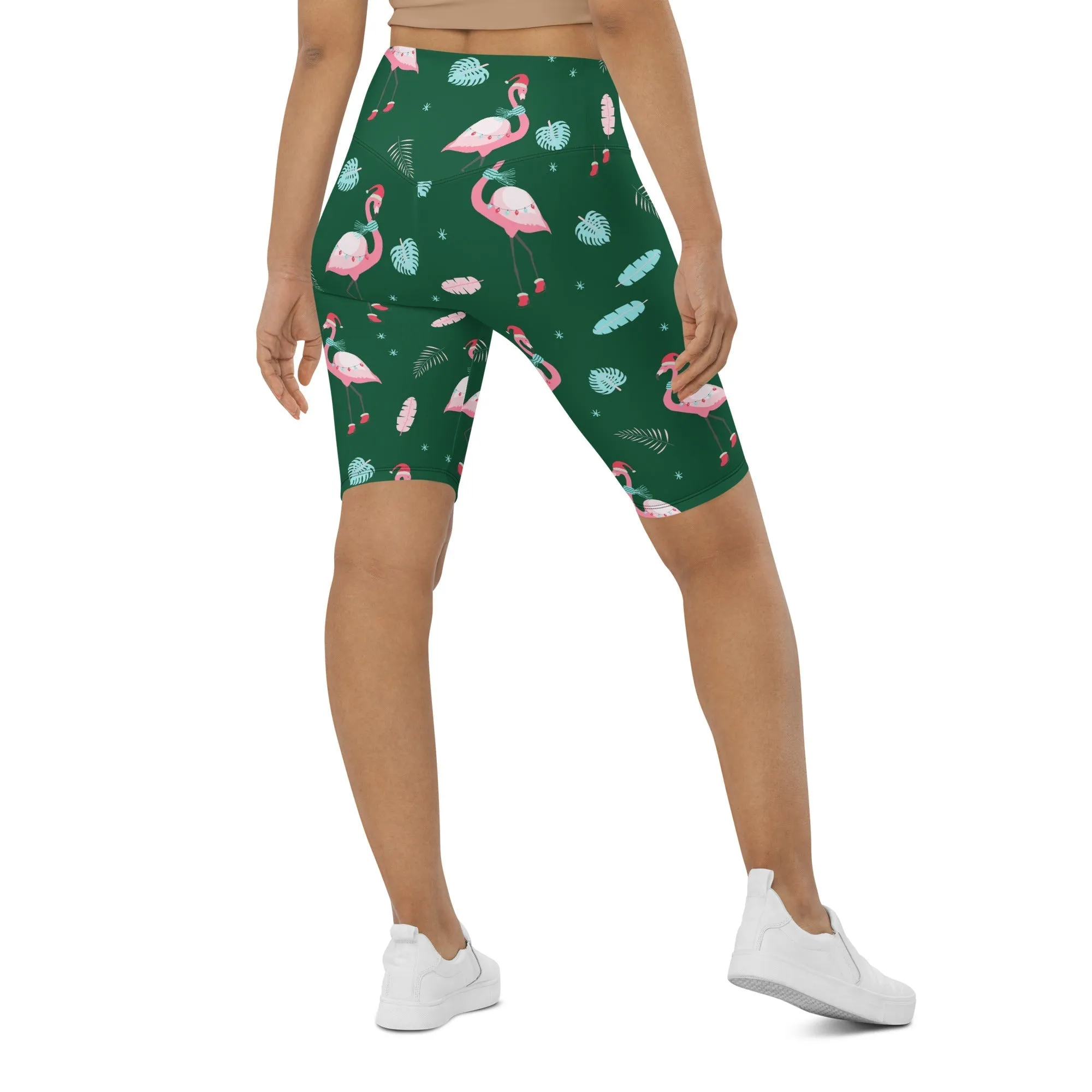 Christmassy Flamingos Biker Shorts