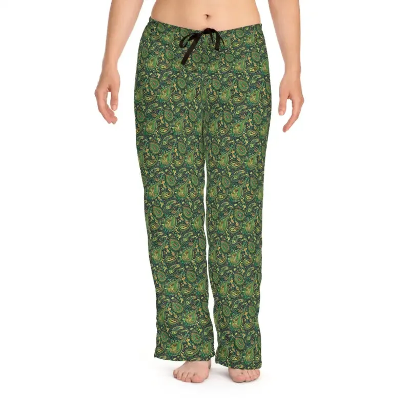 Cozy Womens Pajama Pants in Green Paisley Print