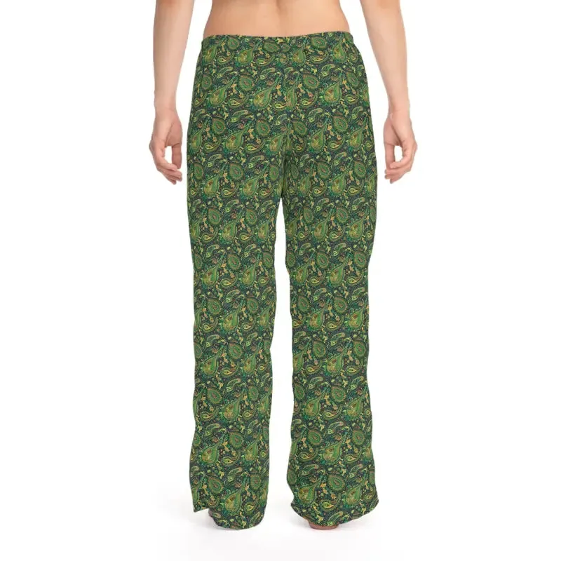Cozy Womens Pajama Pants in Green Paisley Print