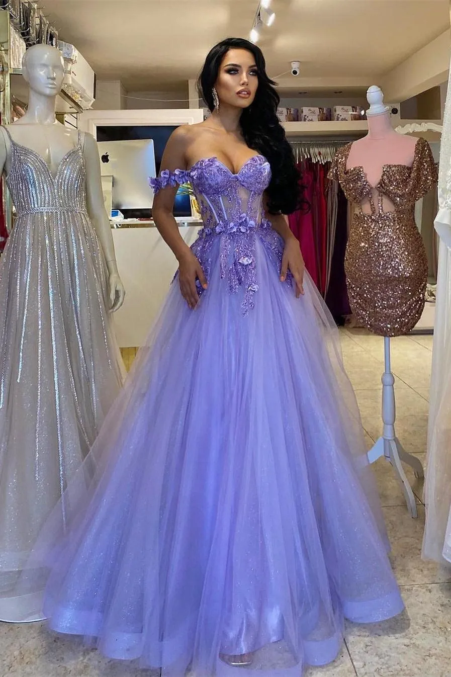 Elegant Long Purple A-line Off-the-shoulder Sleeveless Prom Dress With Lace