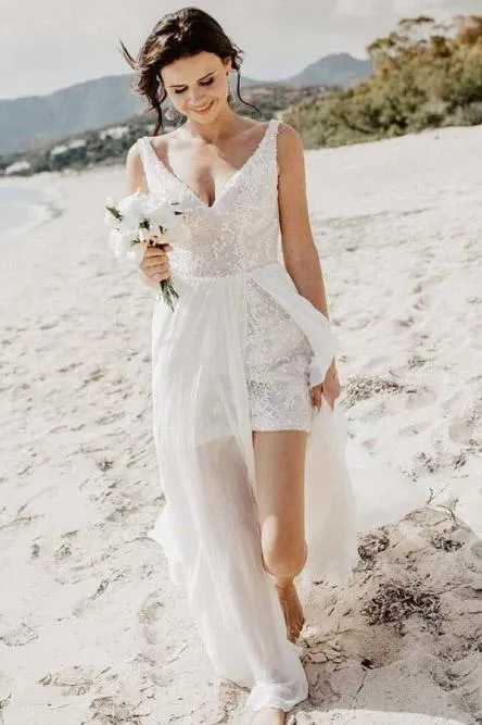 Elegant Sheath Overskirt Backless Flowy Beach Wedding Dress PW221