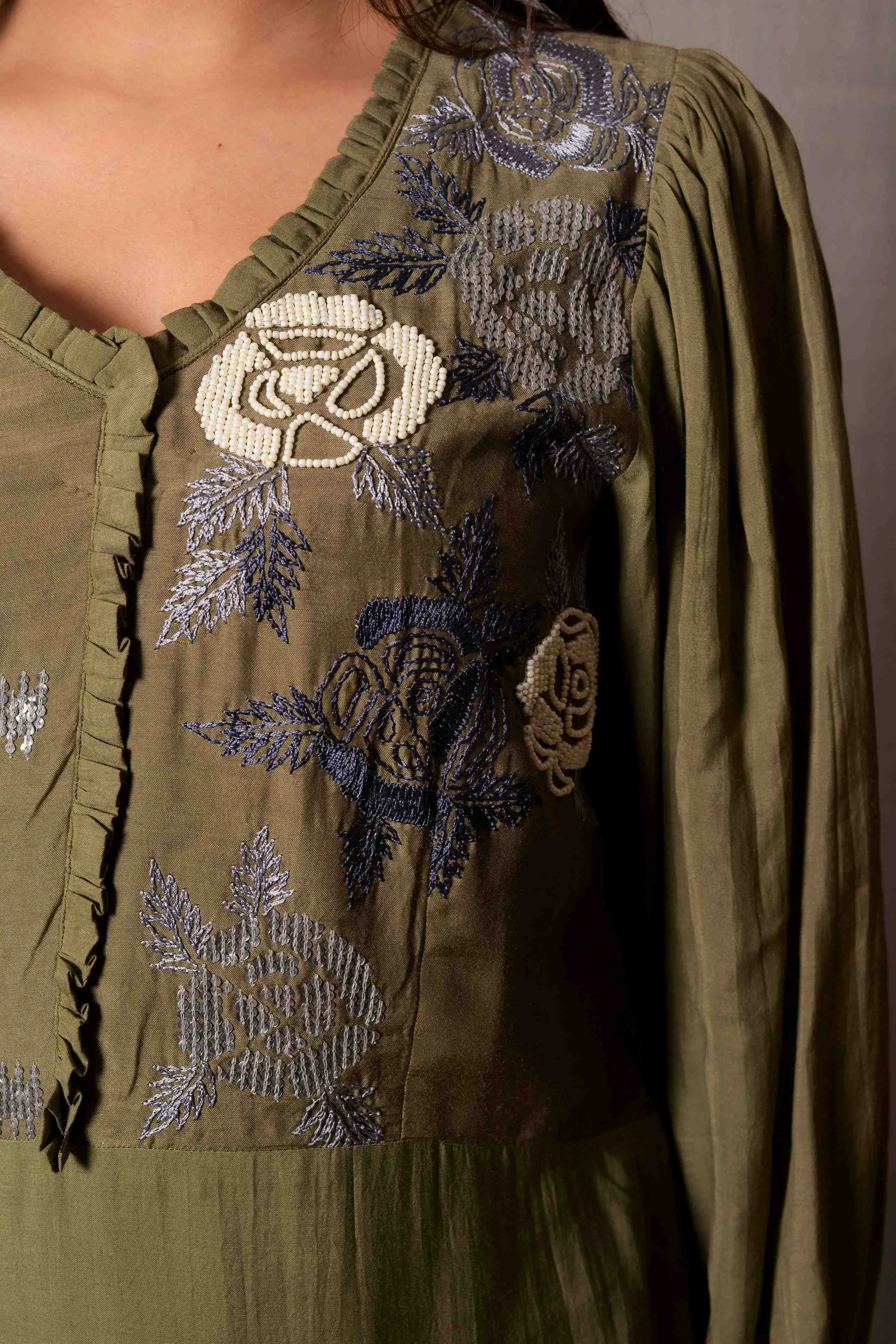 Green Puff Sleeves Kurta Set