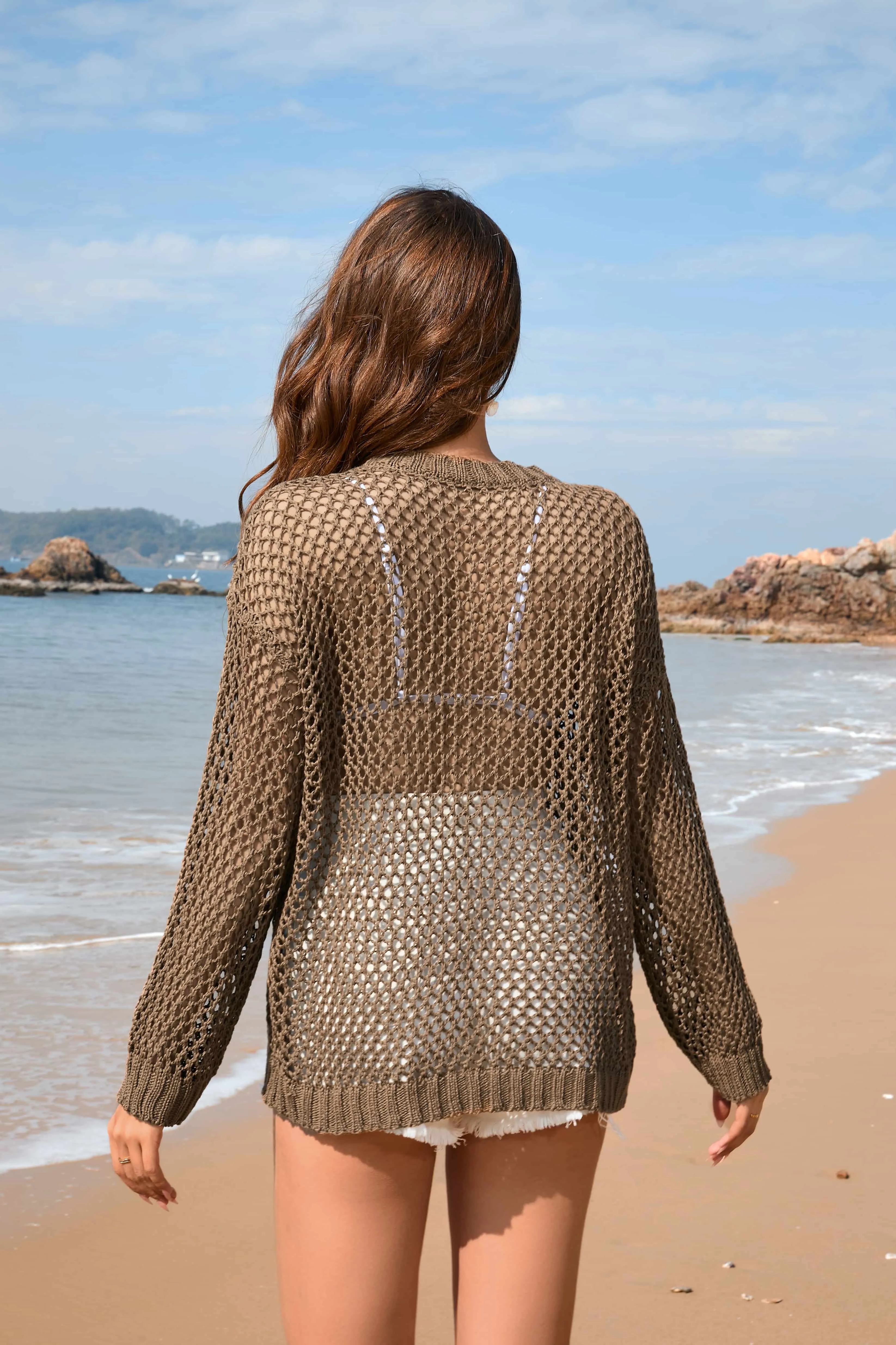 Knit Sweater Round Neck Heart Beach Vacation Pullover