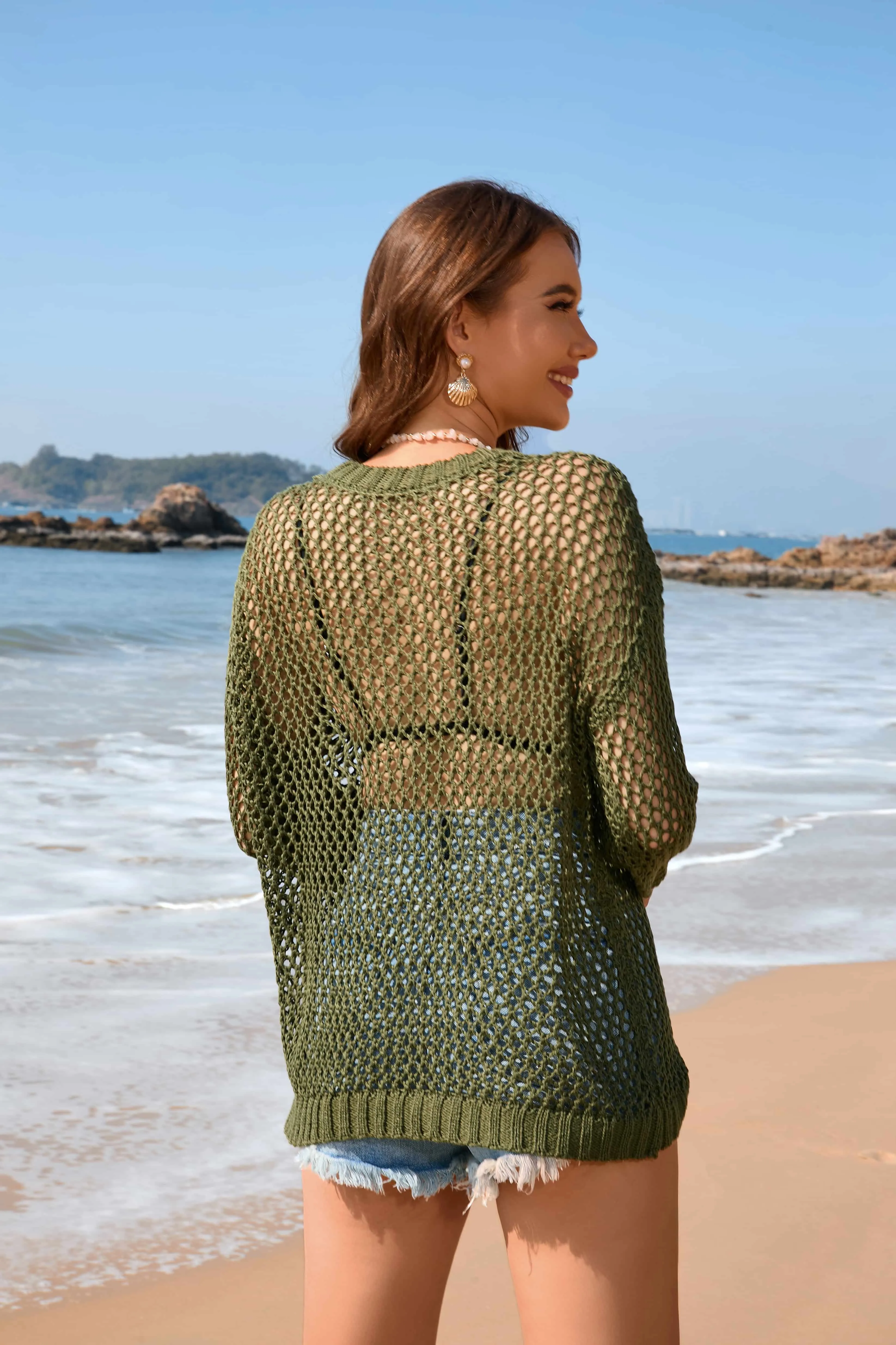 Knit Sweater Round Neck Heart Beach Vacation Pullover