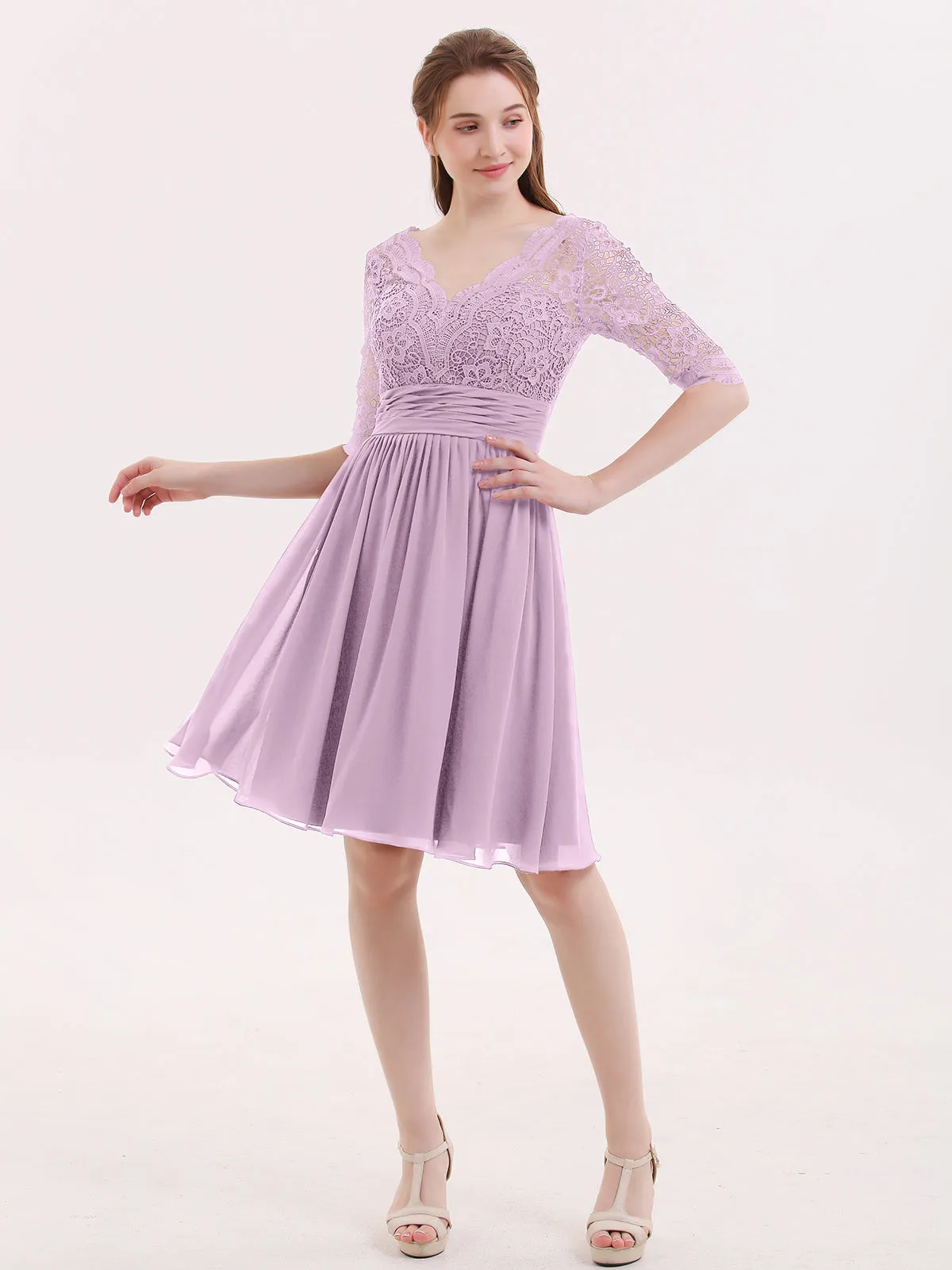 Lace and Chiffon Short Dress with Half Sleeves Wisteria