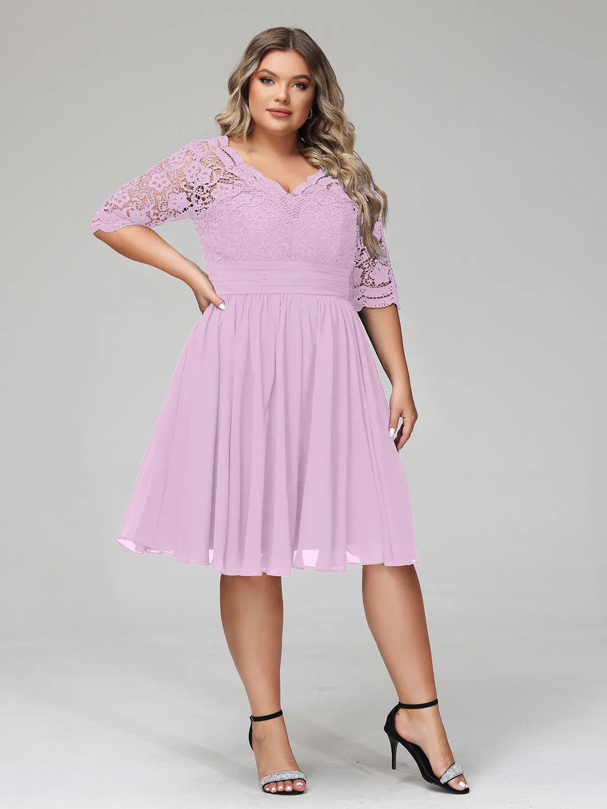 Lace and Chiffon Short Dress with Half Sleeves Wisteria