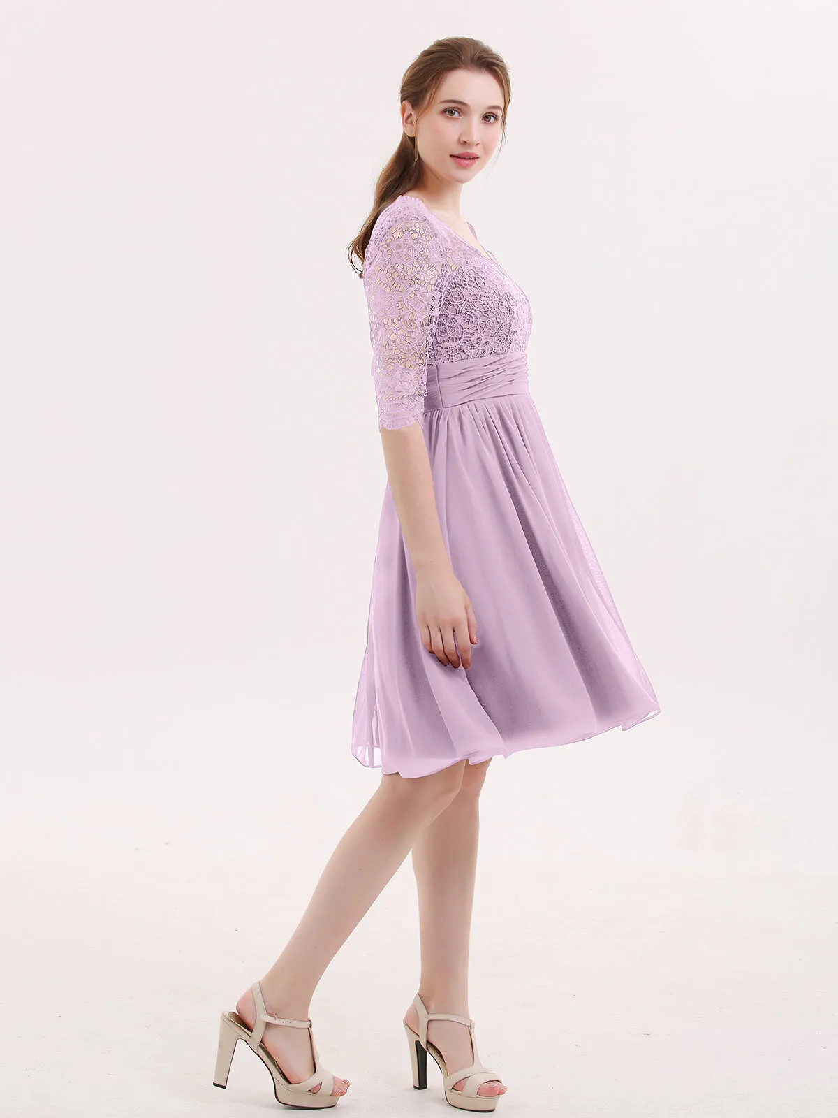 Lace and Chiffon Short Dress with Half Sleeves Wisteria