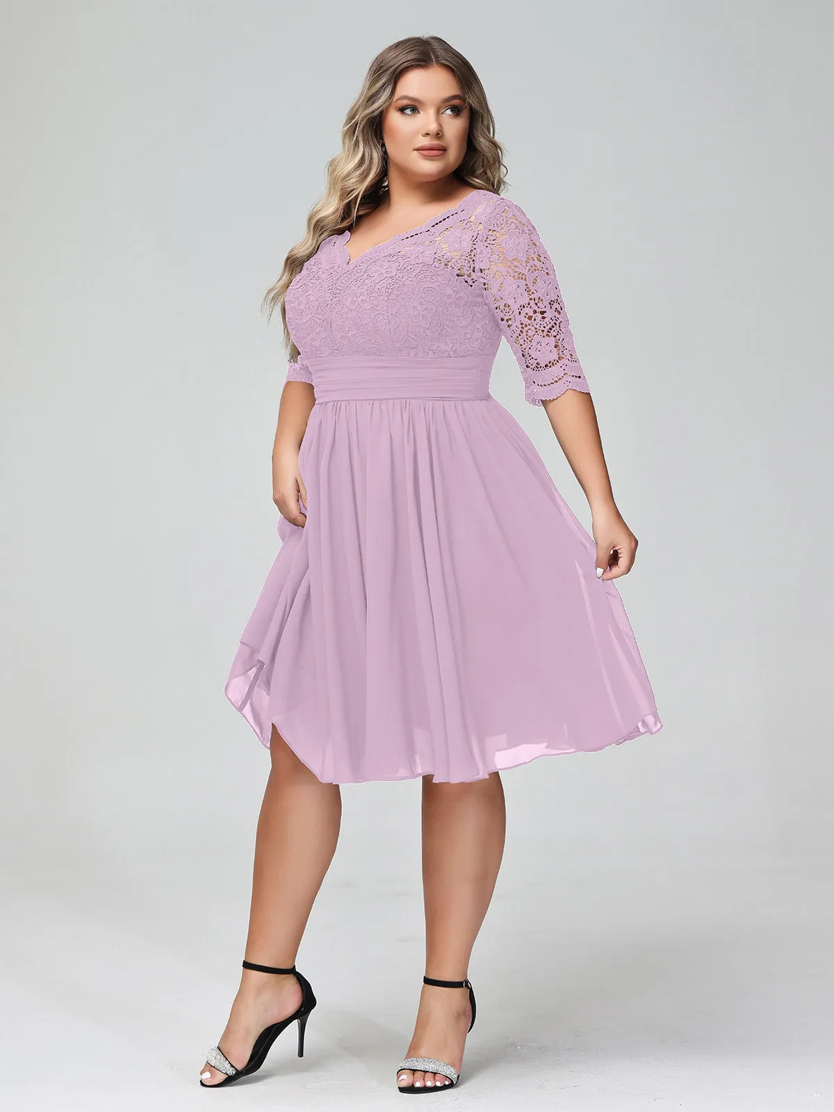 Lace and Chiffon Short Dress with Half Sleeves Wisteria