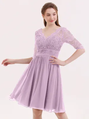 Lace and Chiffon Short Dress with Half Sleeves Wisteria