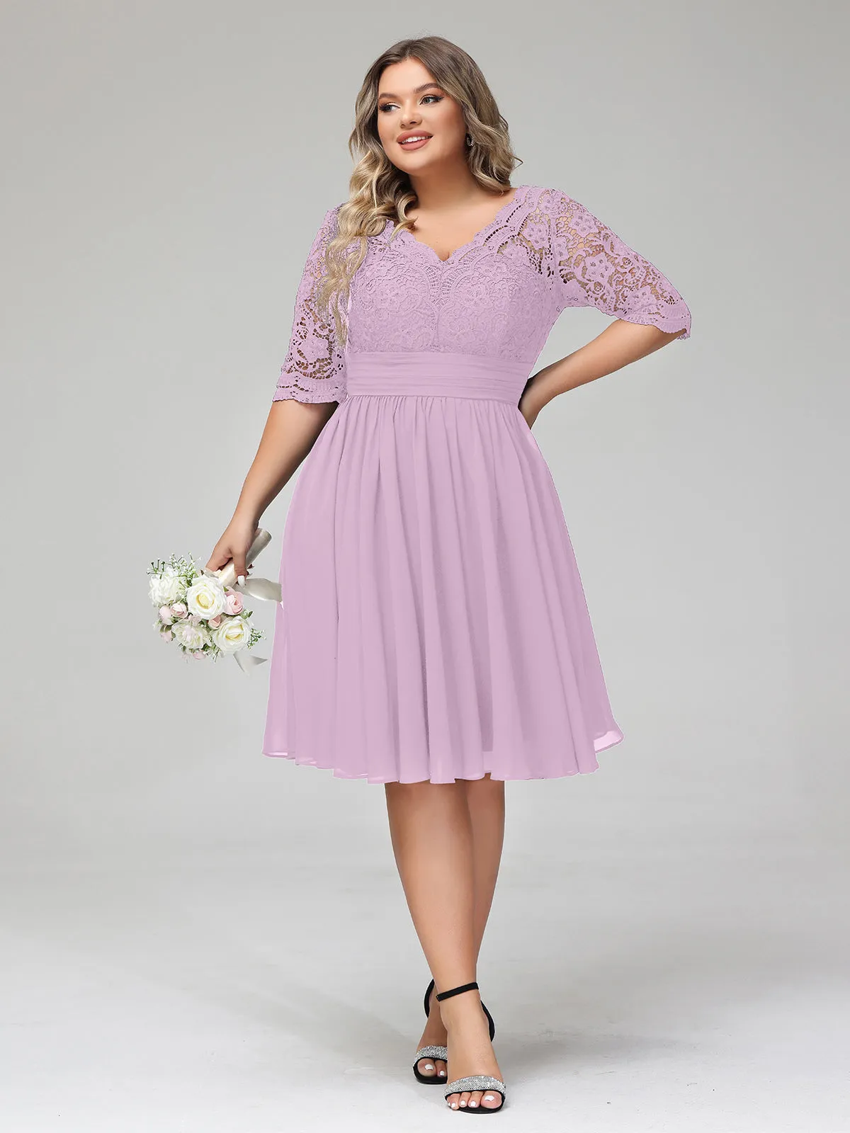 Lace and Chiffon Short Dress with Half Sleeves Wisteria