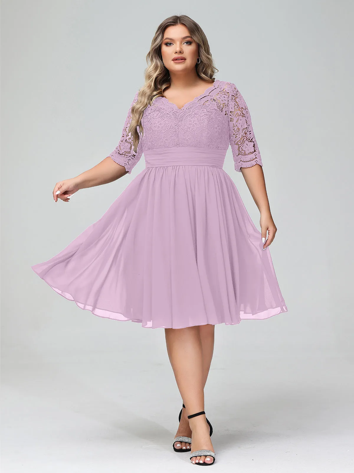 Lace and Chiffon Short Dress with Half Sleeves Wisteria