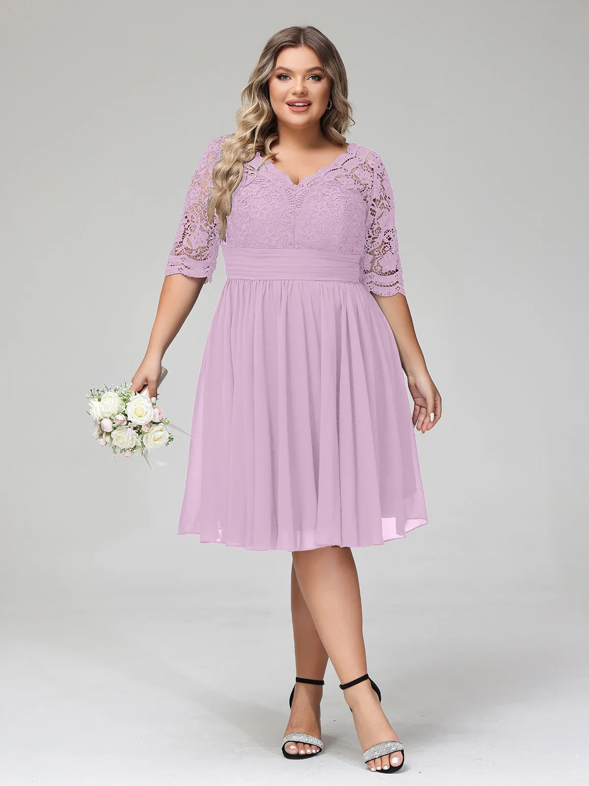Lace and Chiffon Short Dress with Half Sleeves Wisteria