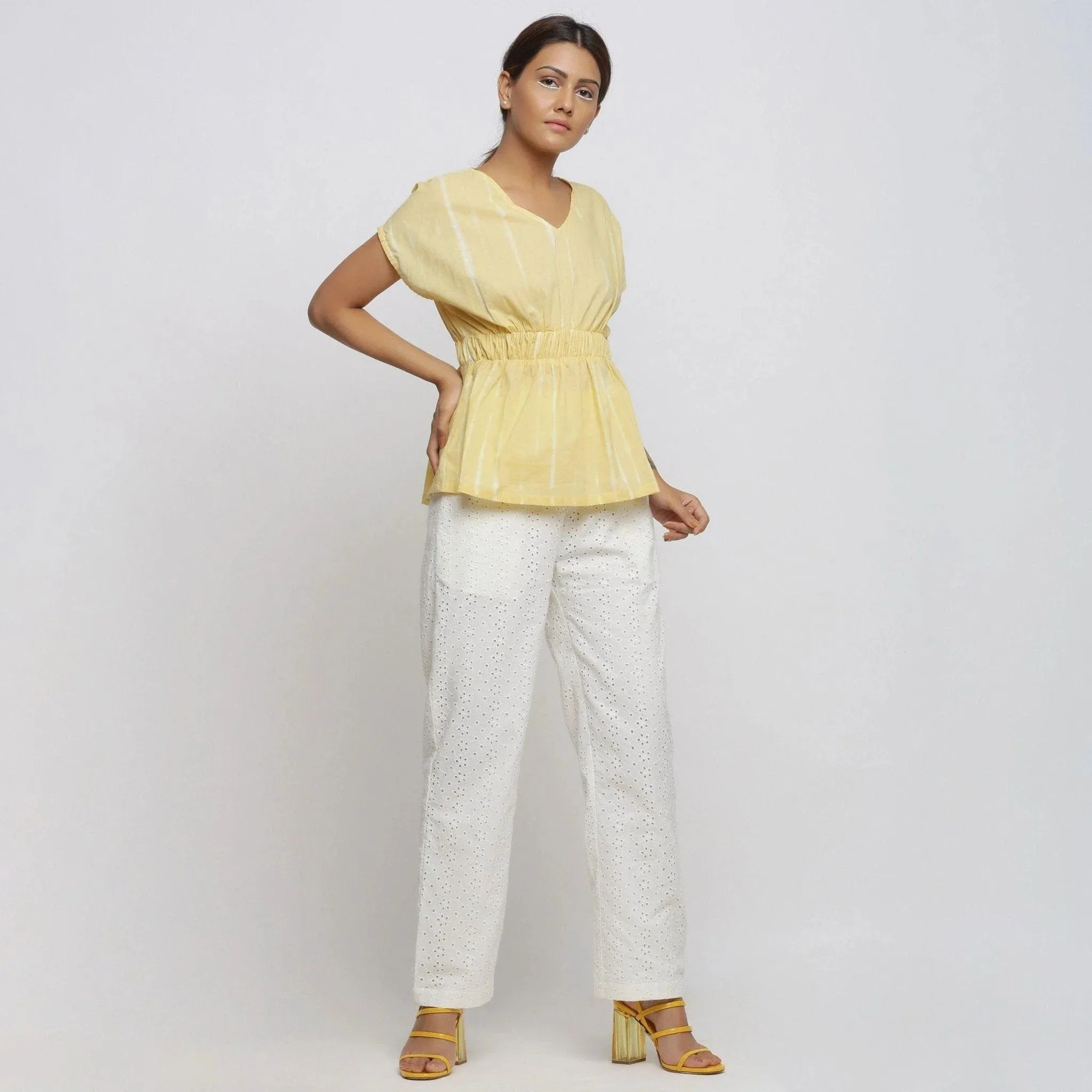 Light Yellow Hand Tie-Dye Cotton V-Neck Blouson Top
