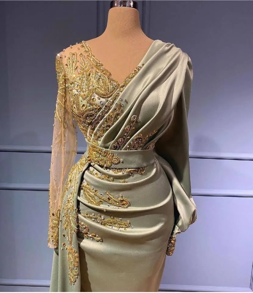 Long A-line V-neck Satin Beads Mermaid Formal Dress with Sleeves