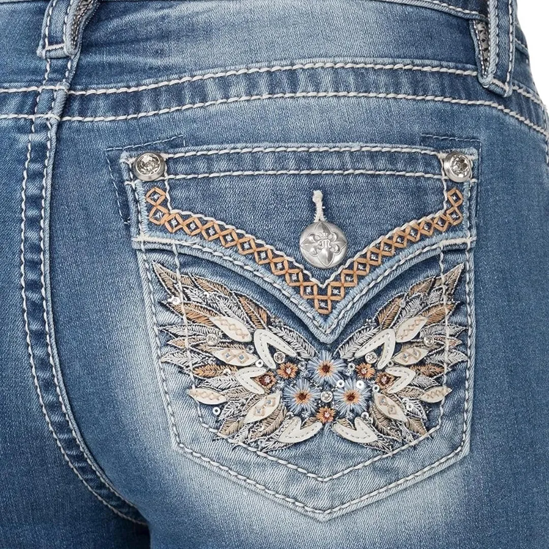 Miss Me Women's Medium Wash Mid Rise Wing Pocket Boot Cut Jeans