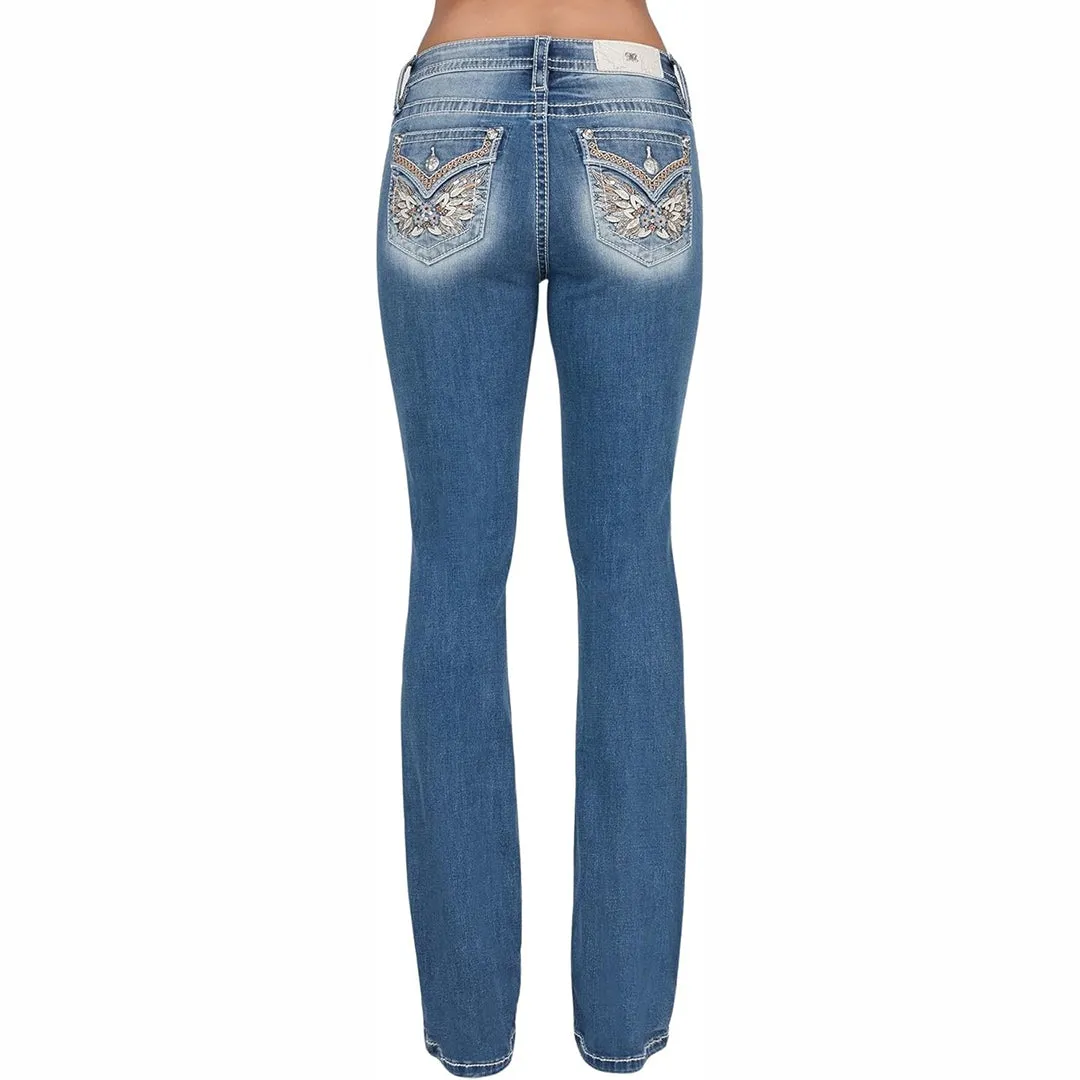 Miss Me Women's Medium Wash Mid Rise Wing Pocket Boot Cut Jeans