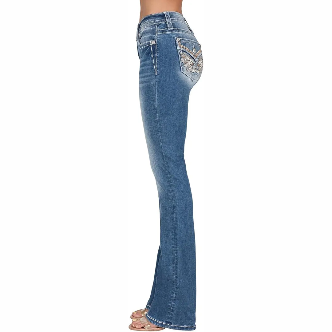 Miss Me Women's Medium Wash Mid Rise Wing Pocket Boot Cut Jeans